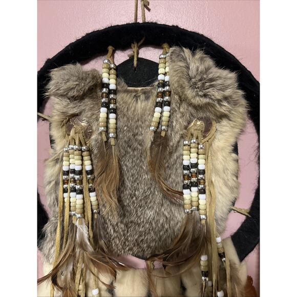 Native American Dream Catcher Wood Wool Feathers Beads Rabbit XL Boho Hippie - Picture 5 of 6